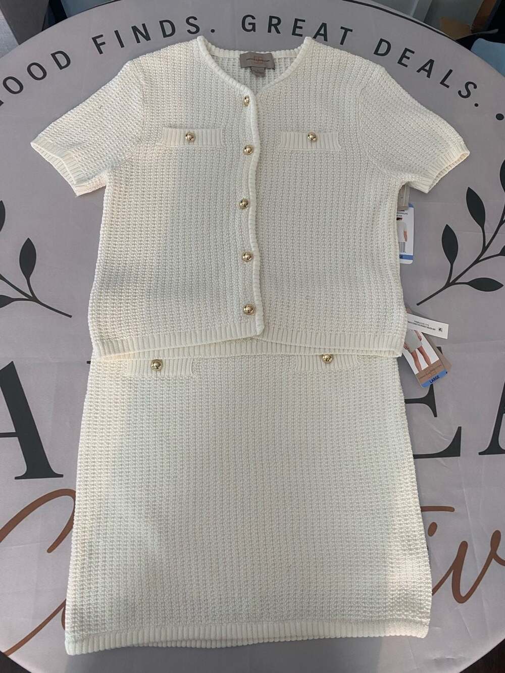 French Connection Women's Large Textured Short Sleeve Cardigan and Skirt Matchin